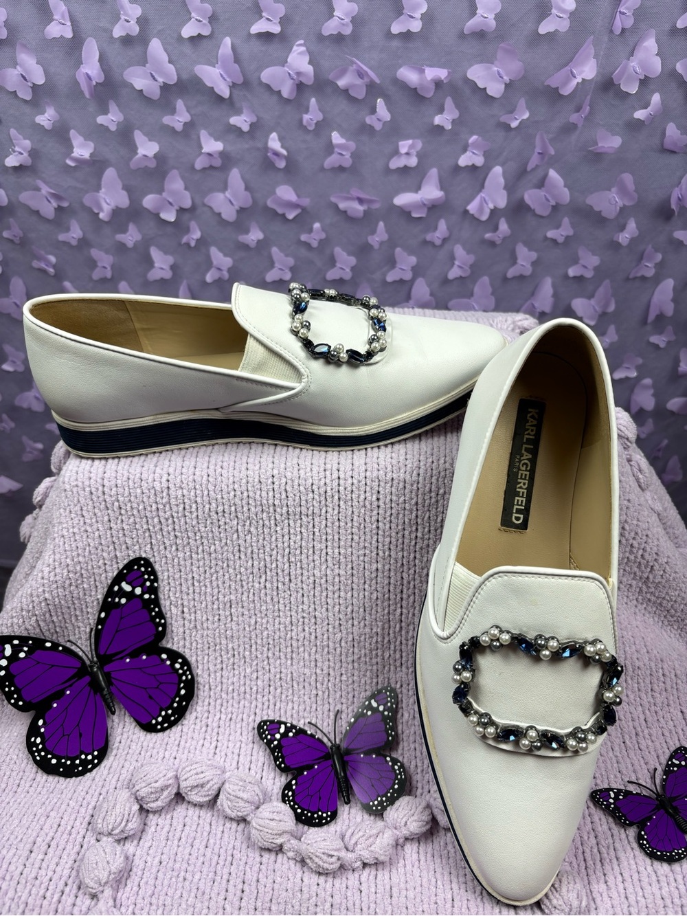 Karl Lagerfeld White Crystal-Embellished Leather Loafers